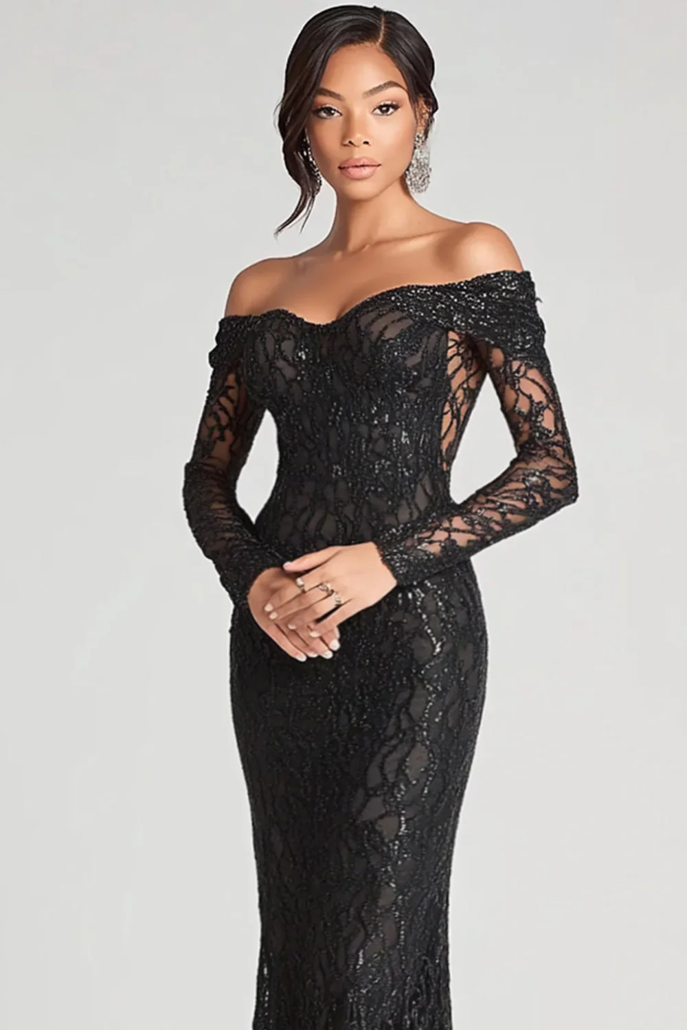 Robe formelle noire fourreau à épaules dénudées en maille et dentelle - Image 3