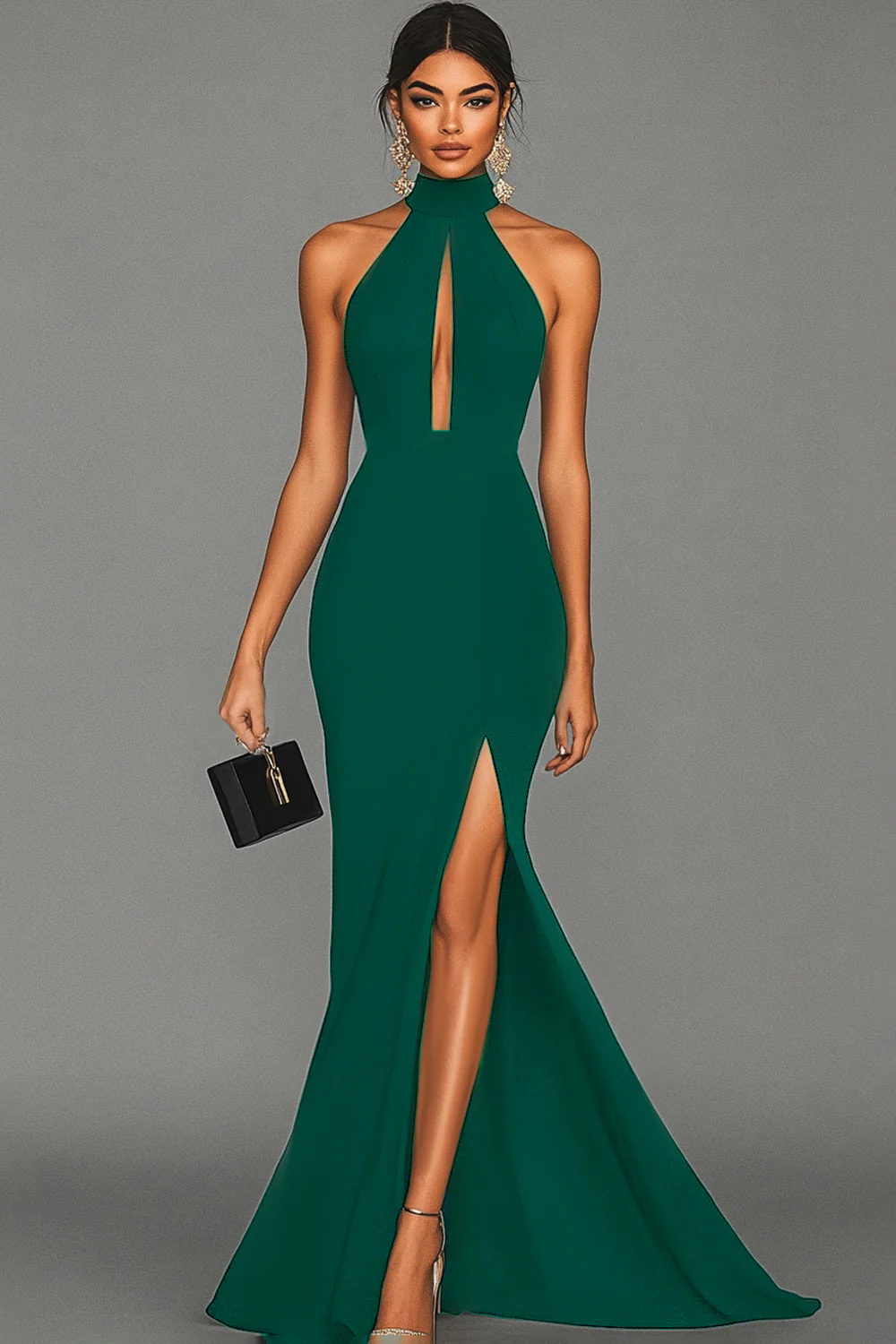 Robe formelle noire sirène dos nu à col halter en satin - Image 11