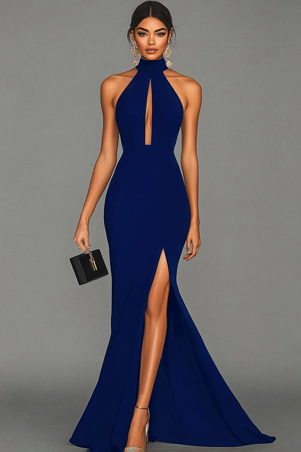 Robe formelle noire sirène dos nu à col halter en satin - Image 12