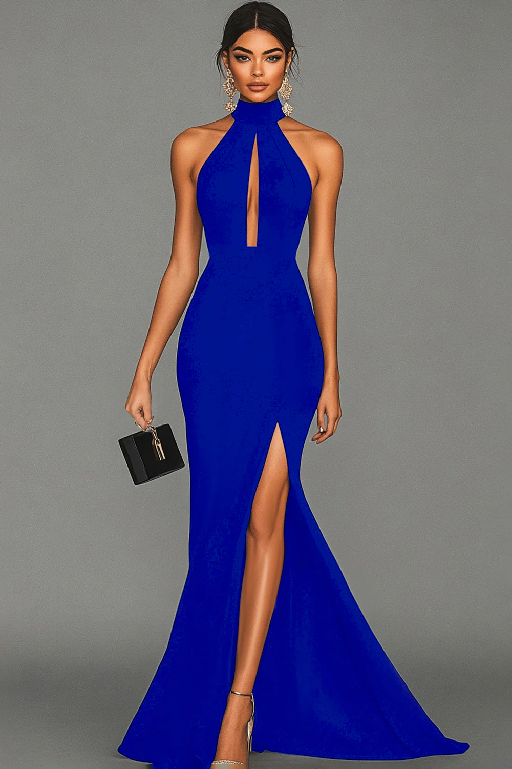 Robe formelle noire sirène dos nu à col halter en satin - Image 13
