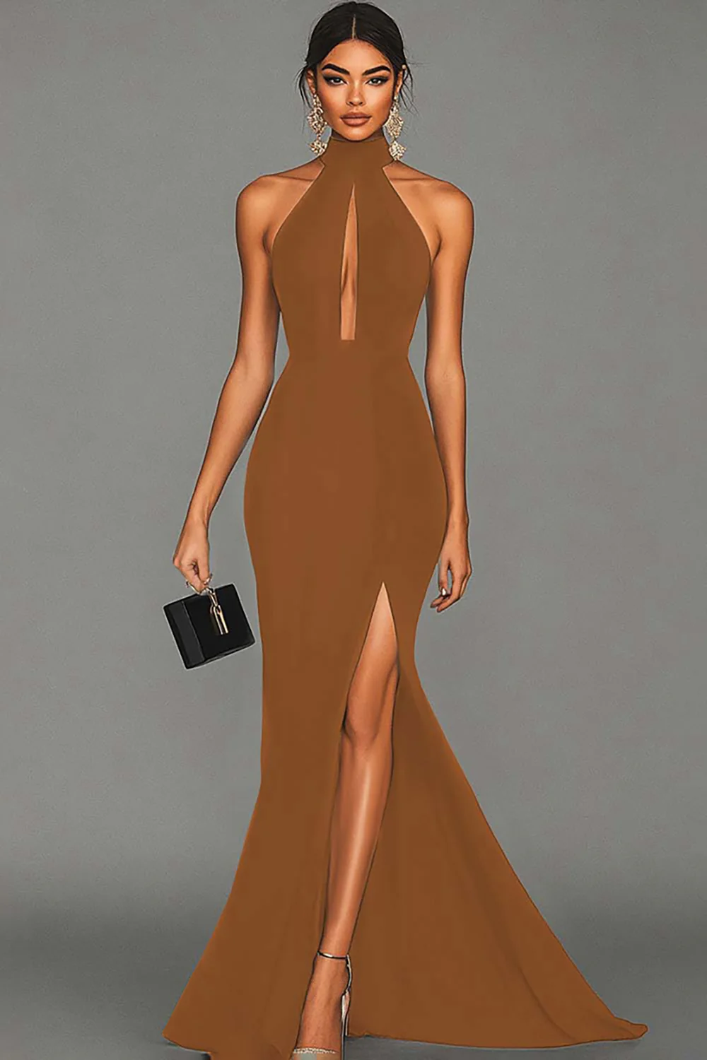 Robe formelle noire sirène dos nu à col halter en satin - Image 14