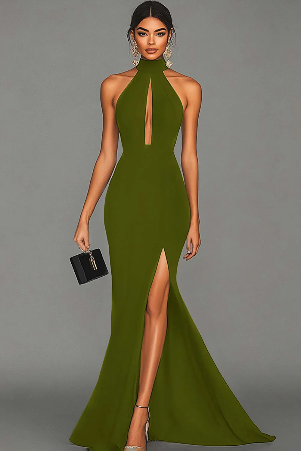 Robe formelle noire sirène dos nu à col halter en satin - Image 15