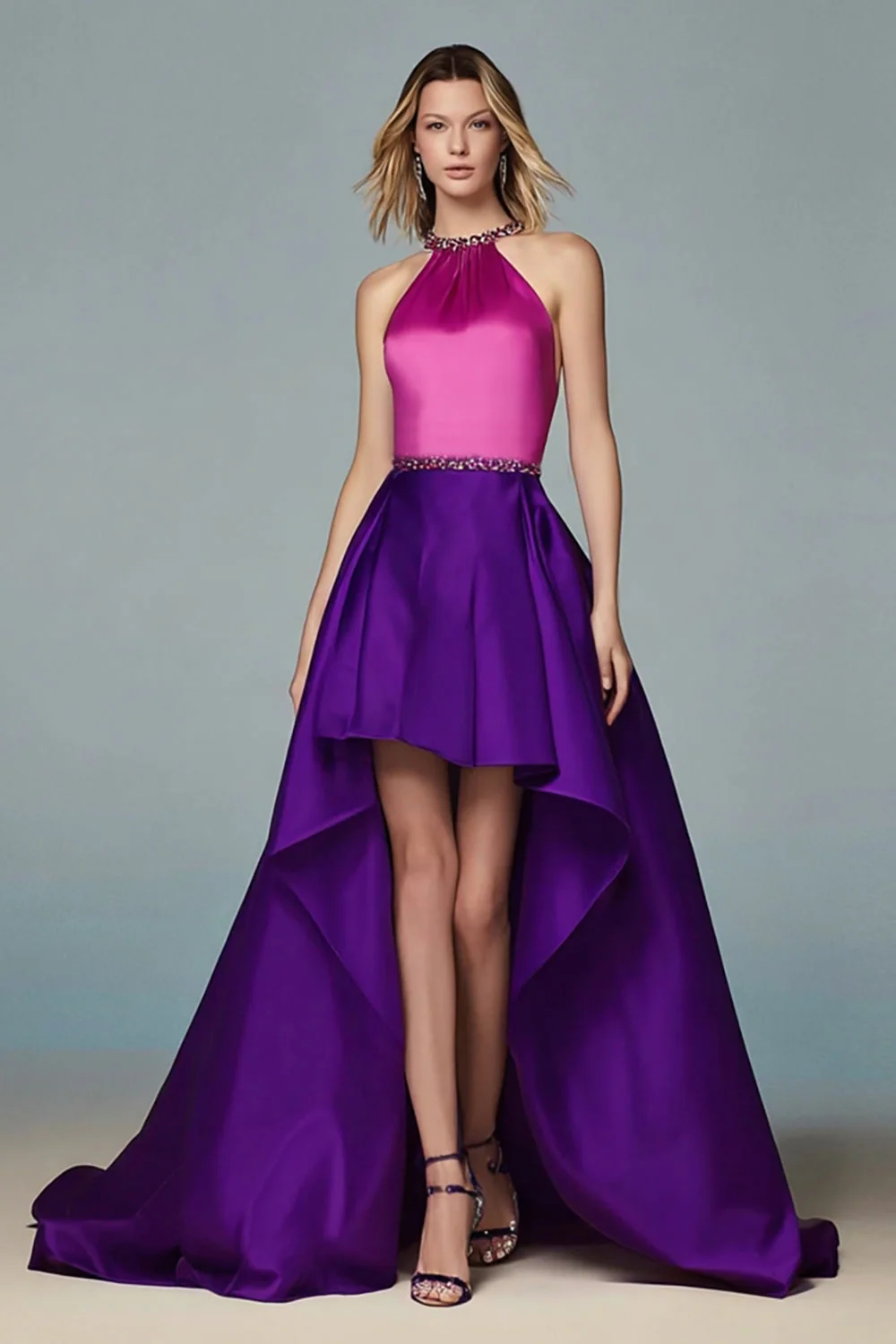Robe formelle perlée fuchsia et violet haut bas nu scintillant
