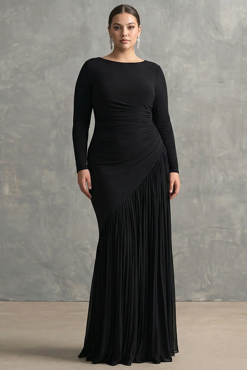 Robe formelle plissée en crepé noir en chiffon sirène, taille plus, avec volants