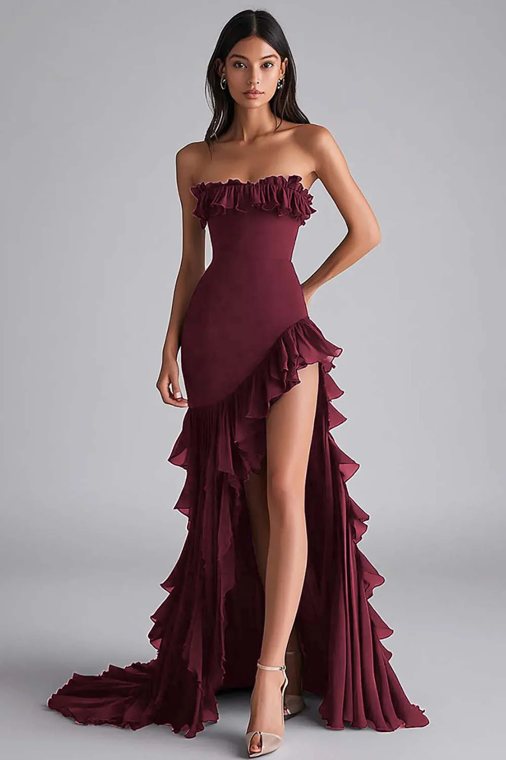 Robe formelle sans bretelles à volants sirène noire avec fente - Image 4