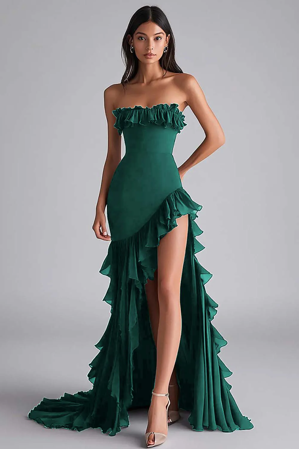 Robe formelle sans bretelles à volants sirène noire avec fente - Image 5