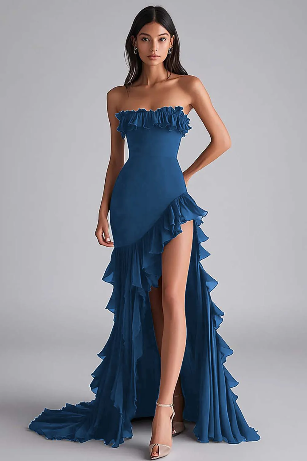 Robe formelle sans bretelles à volants sirène noire avec fente - Image 7
