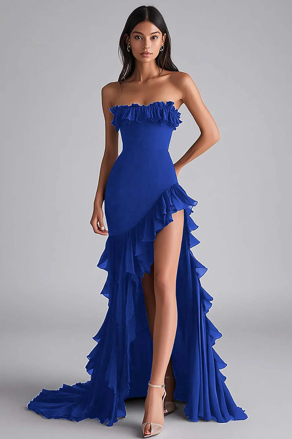 Robe formelle sans bretelles à volants sirène noire avec fente - Image 8