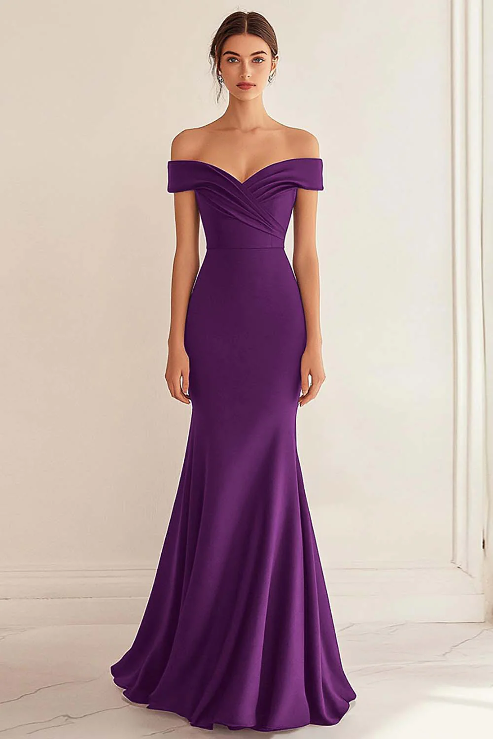 Robe formelle sirène à épaules dénudées et marine froncée - Image 7