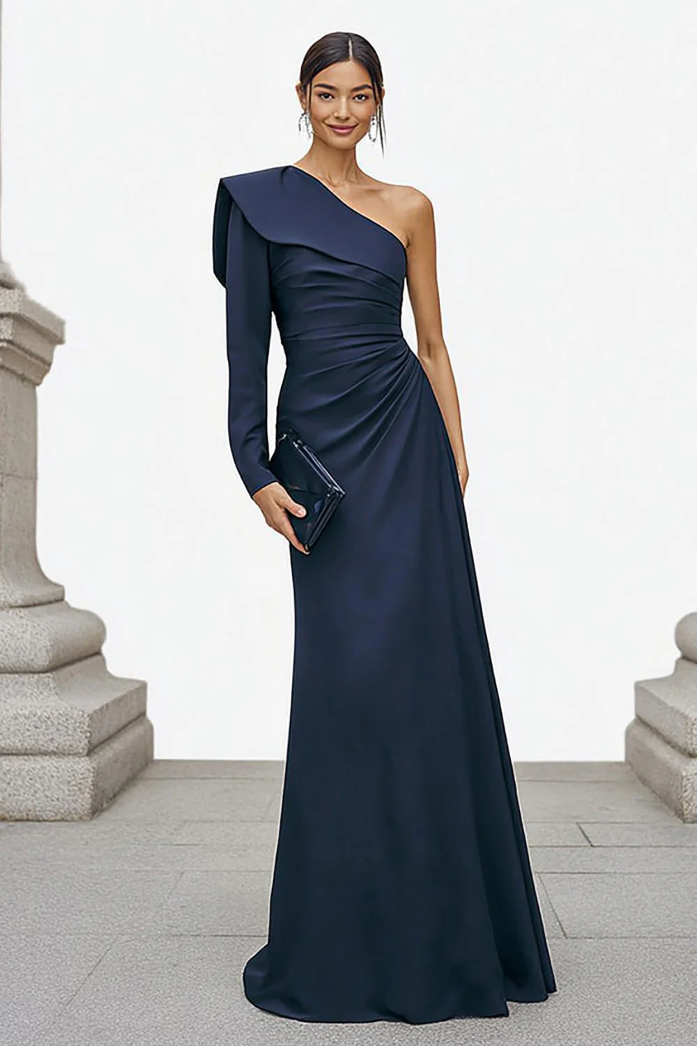 Robe formelle sirène à manches longues à une épaule bleu marine
