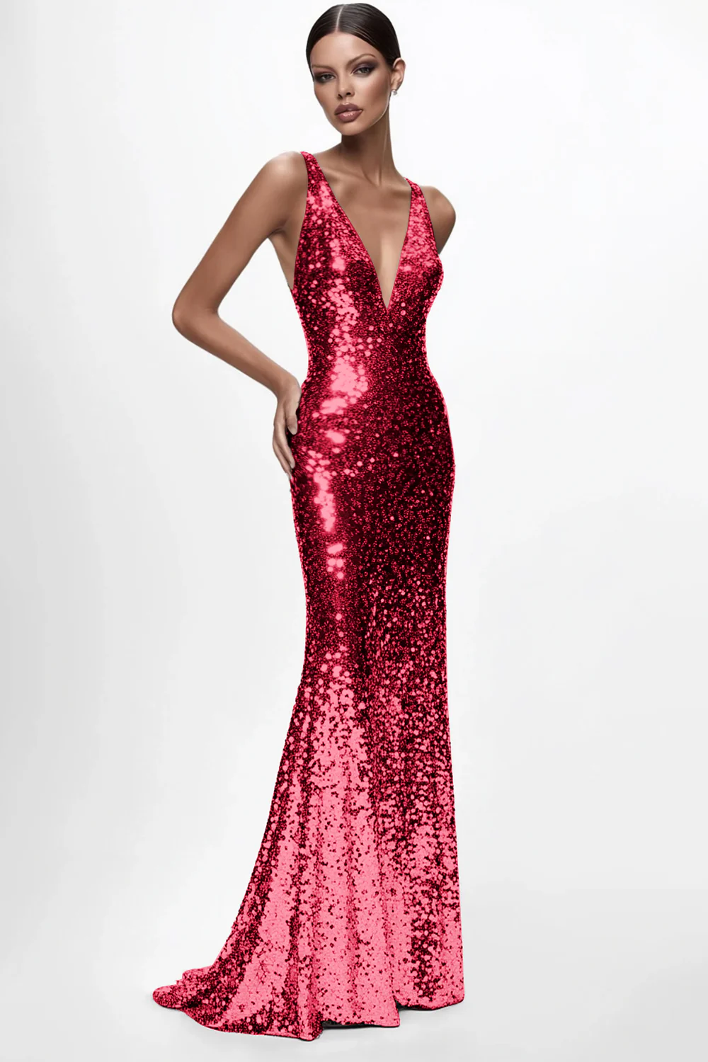 Robe formelle sirène à paillettes à col en V argenté scintillant - Image 4