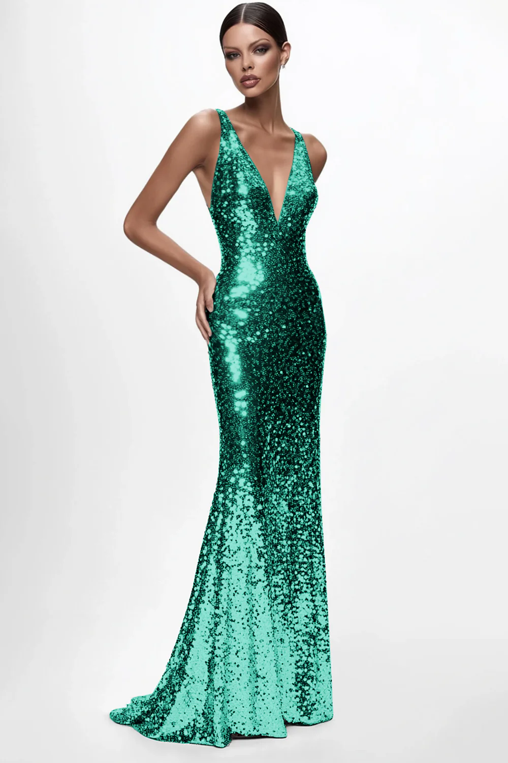 Robe formelle sirène à paillettes à col en V argenté scintillant - Image 5