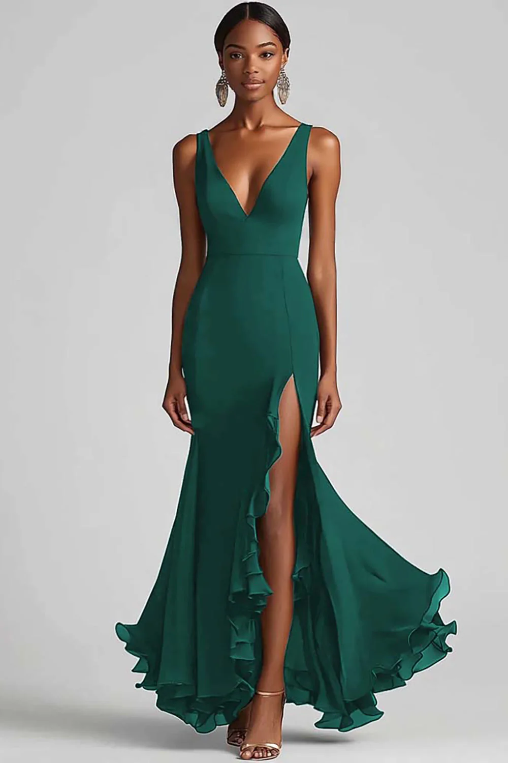 Robe formelle sirène à volants à col en V noir avec fente - Image 2