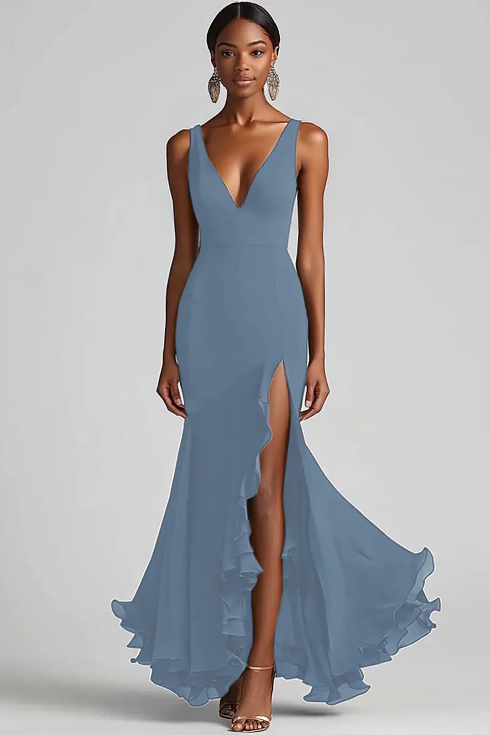 Robe formelle sirène à volants à col en V noir avec fente - Image 7