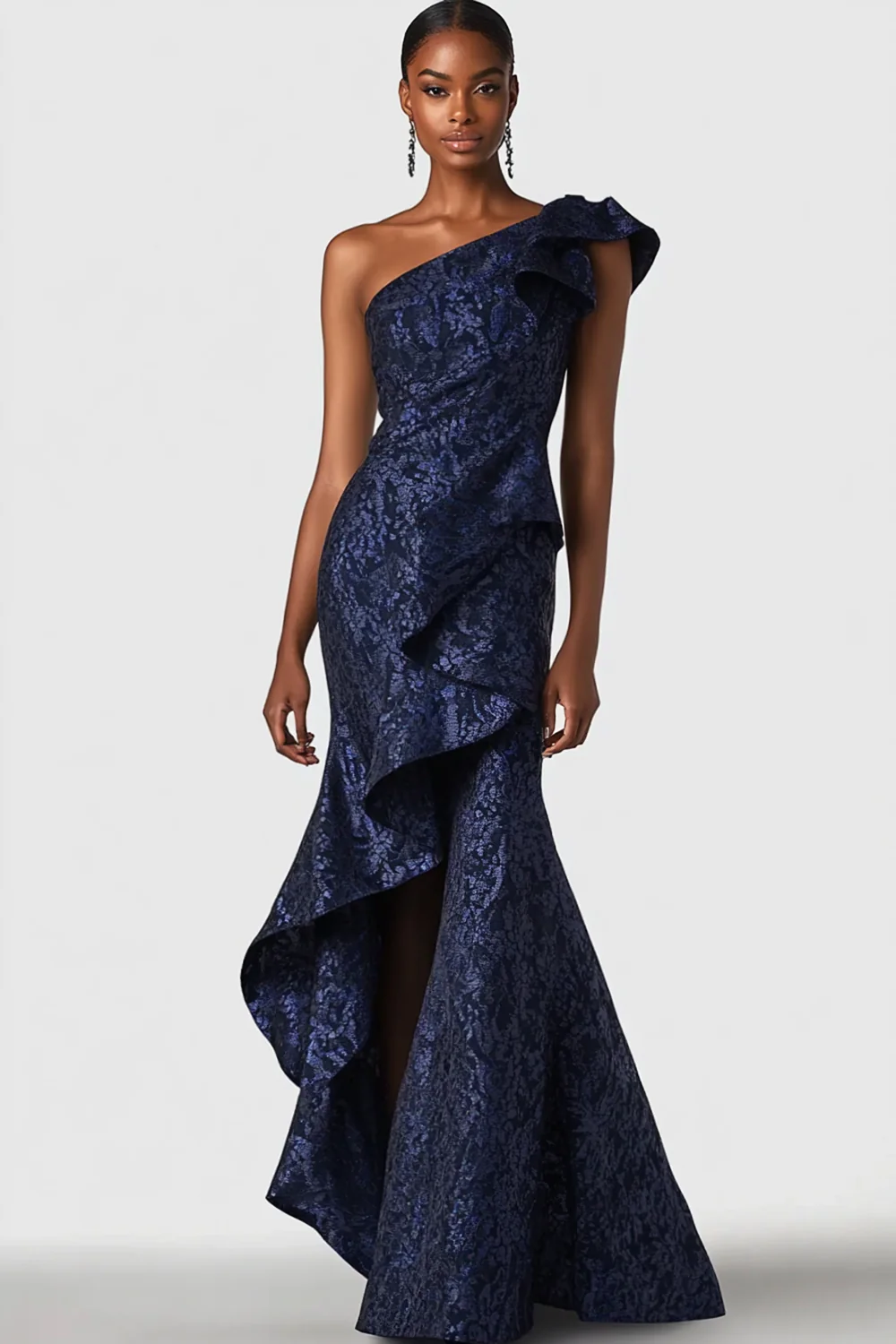 Robe formelle sirène à volants à une épaule bleu marine