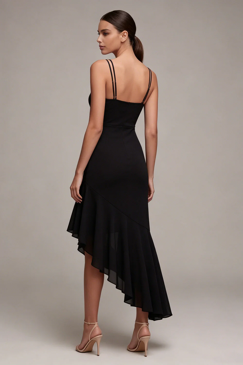 Robe formelle sirène asymétrique à bretelles fines noires avec volants - Image 2