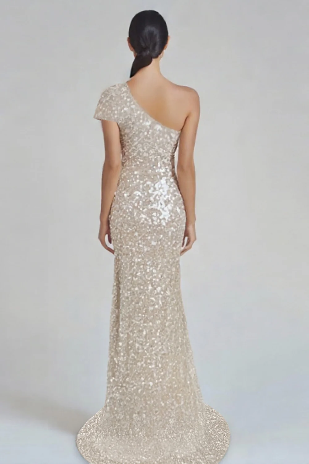 Robe formelle sirène champagne scintillante à une épaule avec paillettes - Image 2