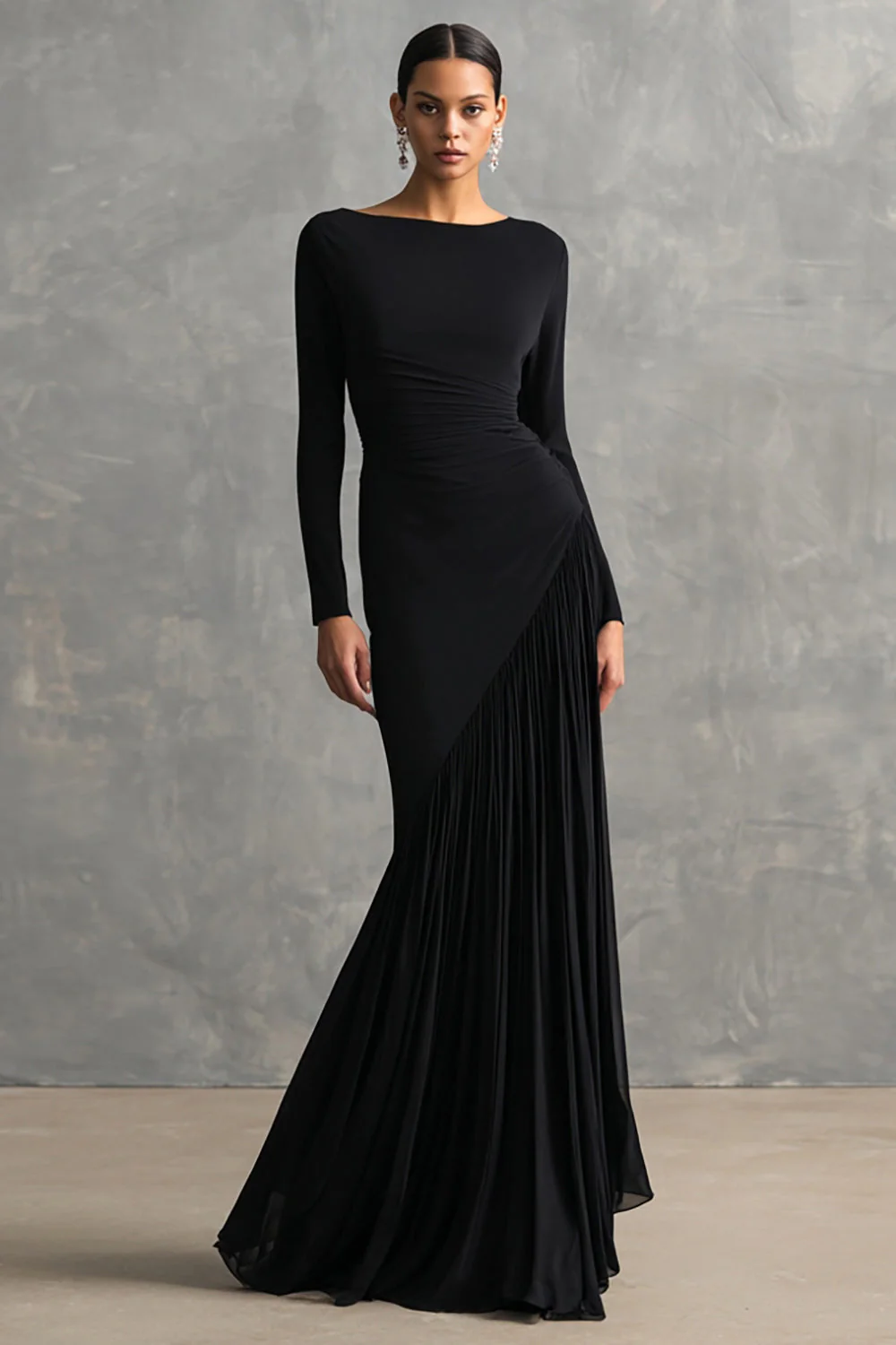 Robe formelle sirène en mousseline de soie crêpe noir avec volants