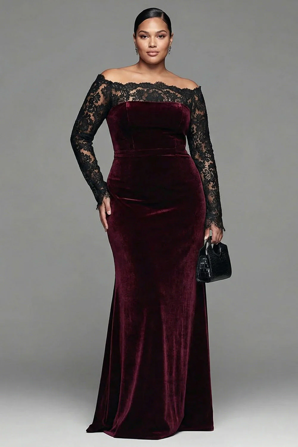 Robe formelle sirène grande taille en dentelle bordeaux en velours et sirène à manches longues