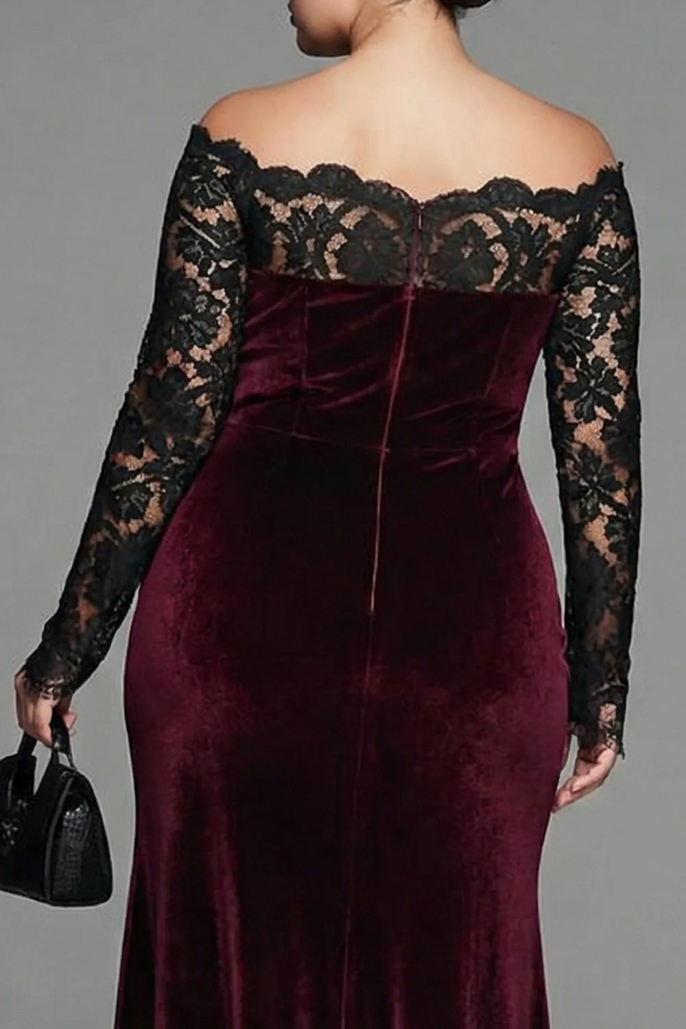 Robe formelle sirène grande taille en dentelle bordeaux en velours et sirène à manches longues - Image 2