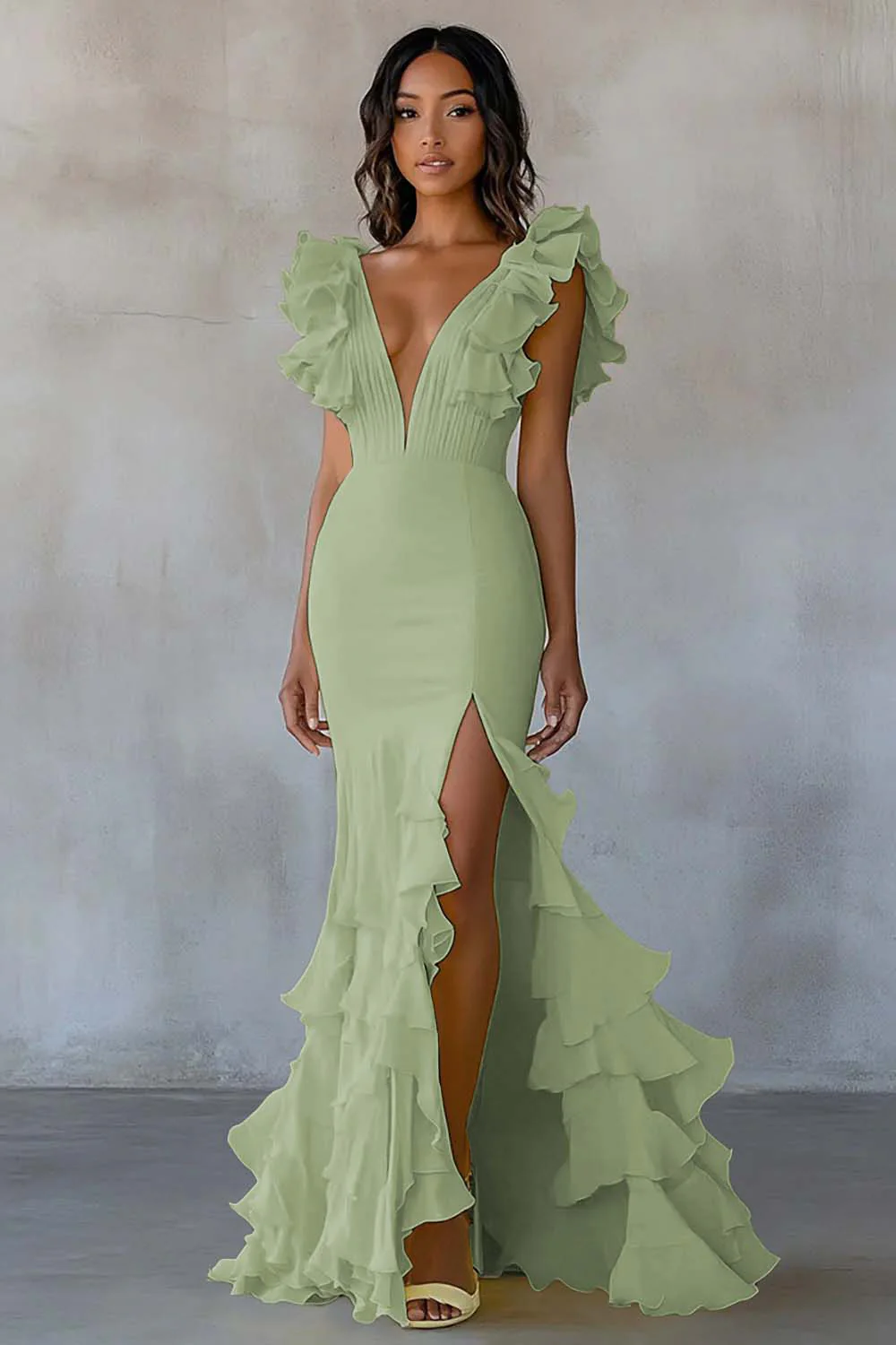 Robe formelle sirène jaune à volants à col en V avec fente - Image 15