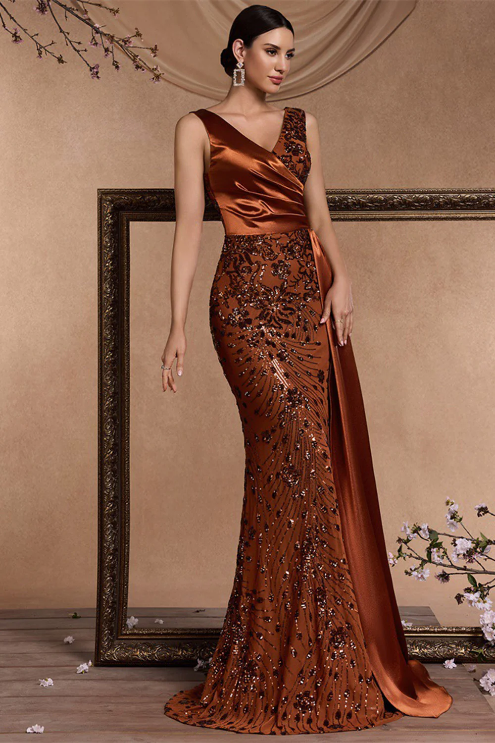 Robe formelle sirène marron à sequins à col en V avec banderole latérale - Image 3
