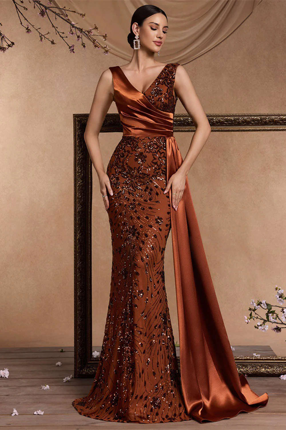 Robe formelle sirène marron à sequins à col en V avec banderole latérale - Image 4