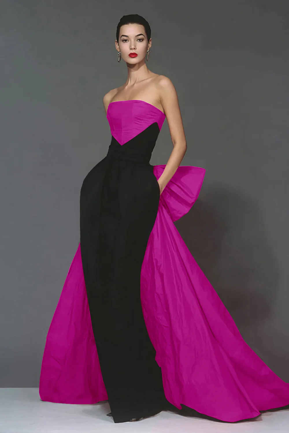 Robe formelle sirène noire et rouge sans bretelles avec noeud - Image 7
