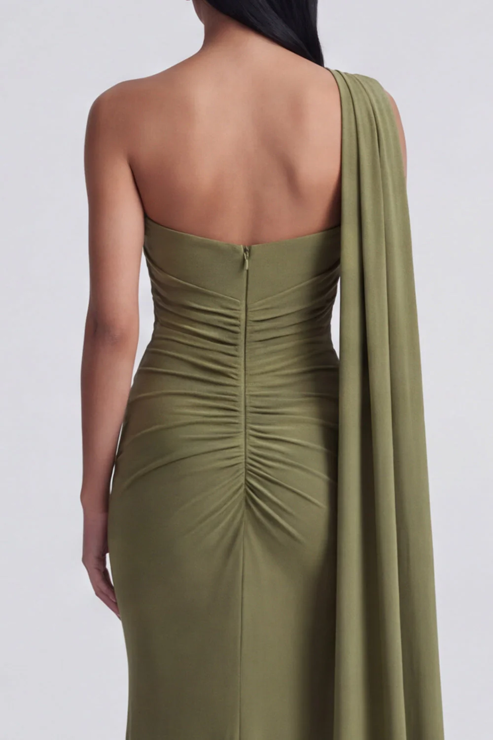 Robe formelle sirène olive, une épaule longue avec banderole latéral - Image 4