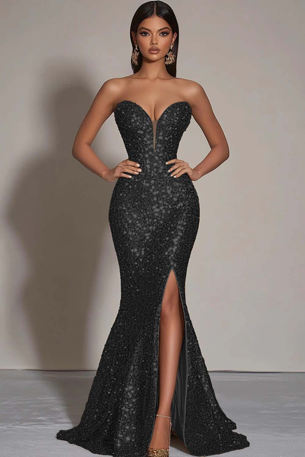 Robe formelle sirène sans bretelles à paillettes dorées scintillantes avec fente - Image 6