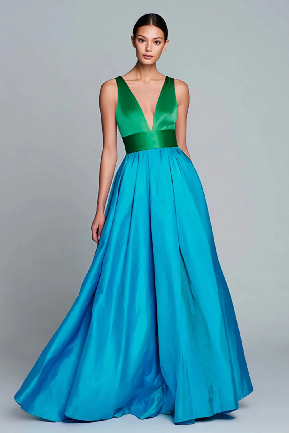 Robe formelle trapèze à col en V vert et bleu