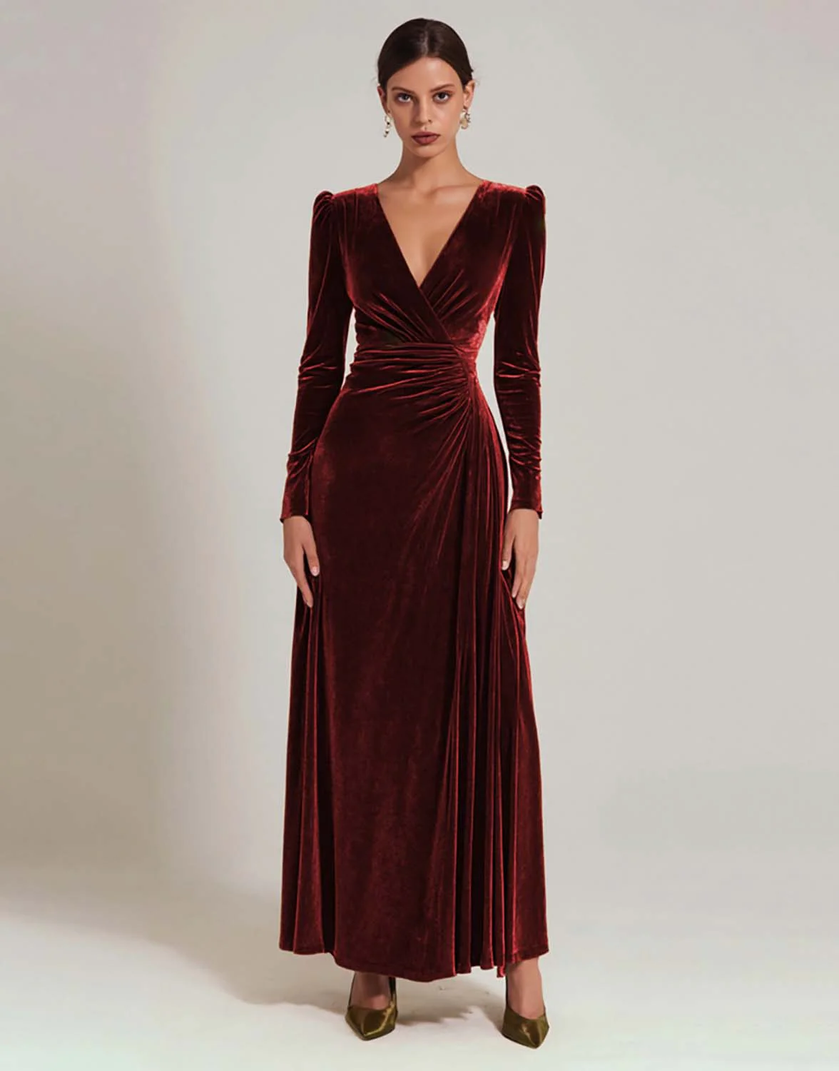 Robe formelle trapèze en velours olive à col en V avec manches longues - Image 6