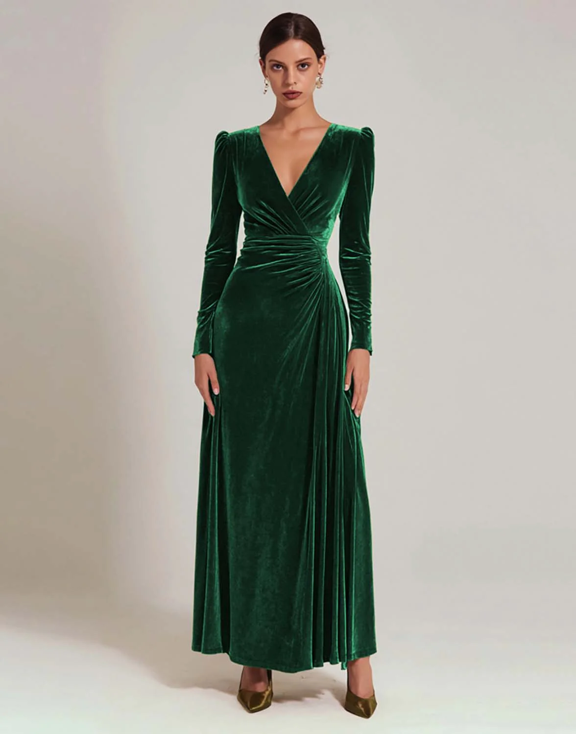 Robe formelle trapèze en velours olive à col en V avec manches longues - Image 7