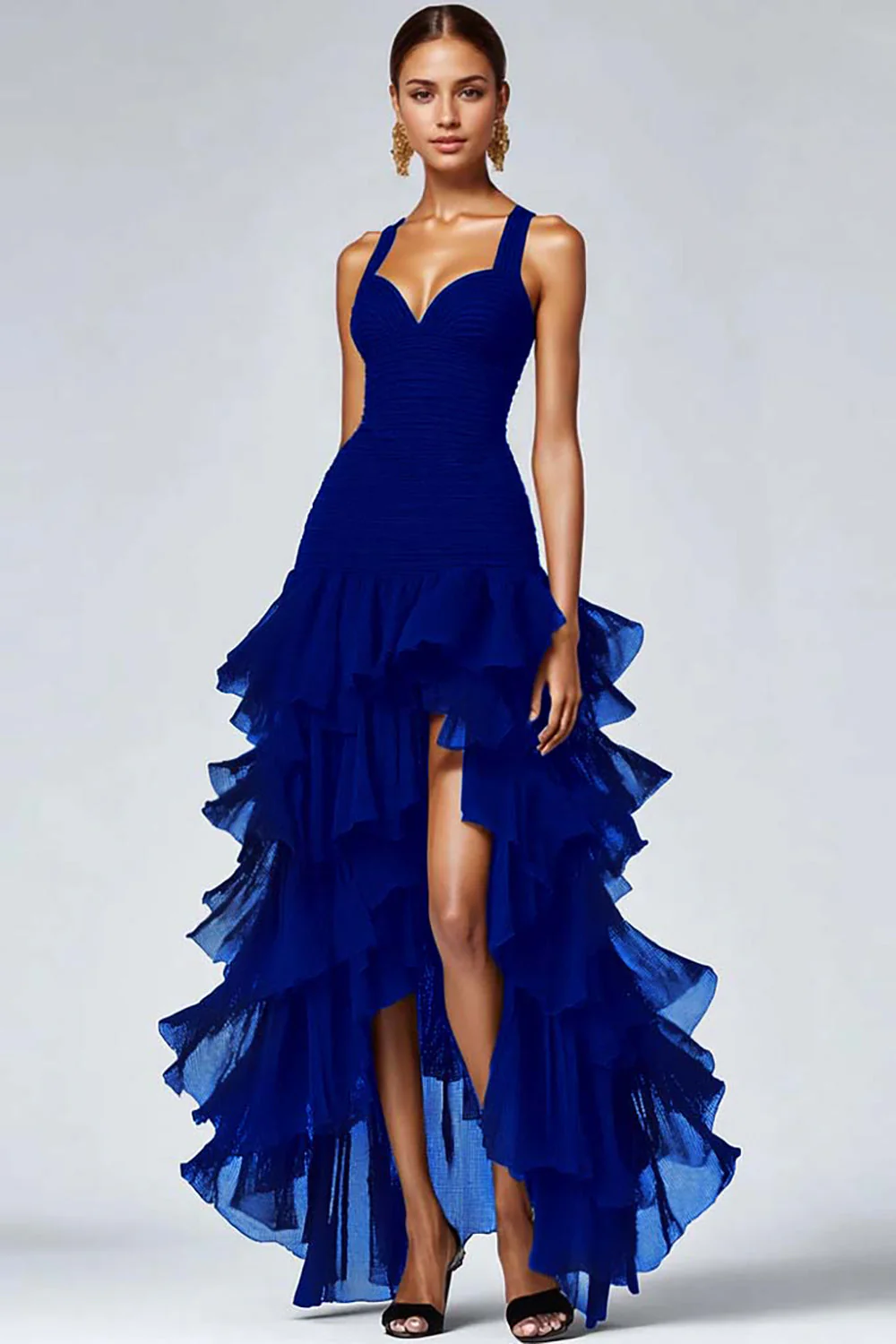 Robe formelle trapèze haut-bas en organza noir avec fente à volants - Image 10