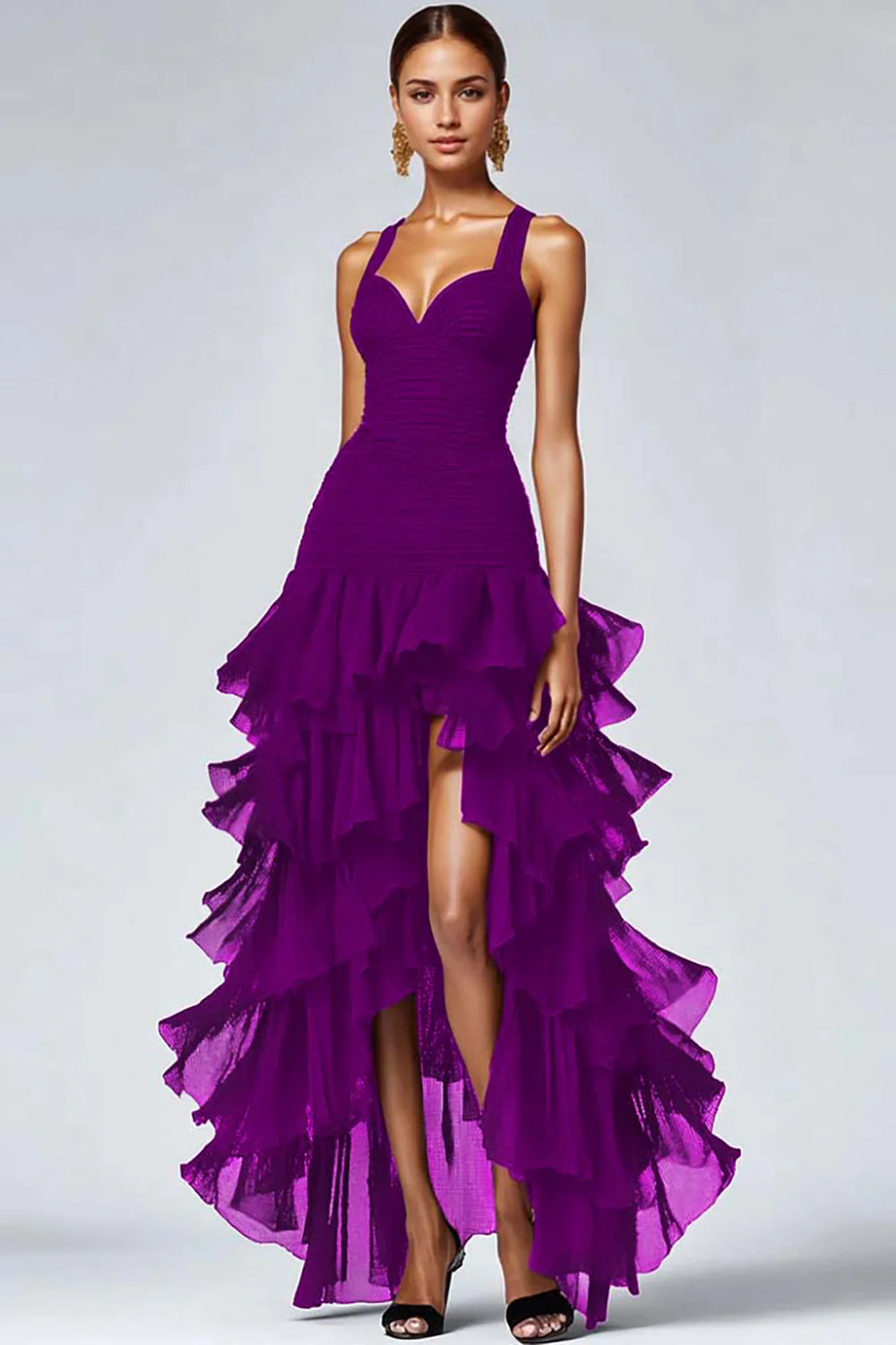 Robe formelle trapèze haut-bas en organza noir avec fente à volants - Image 11