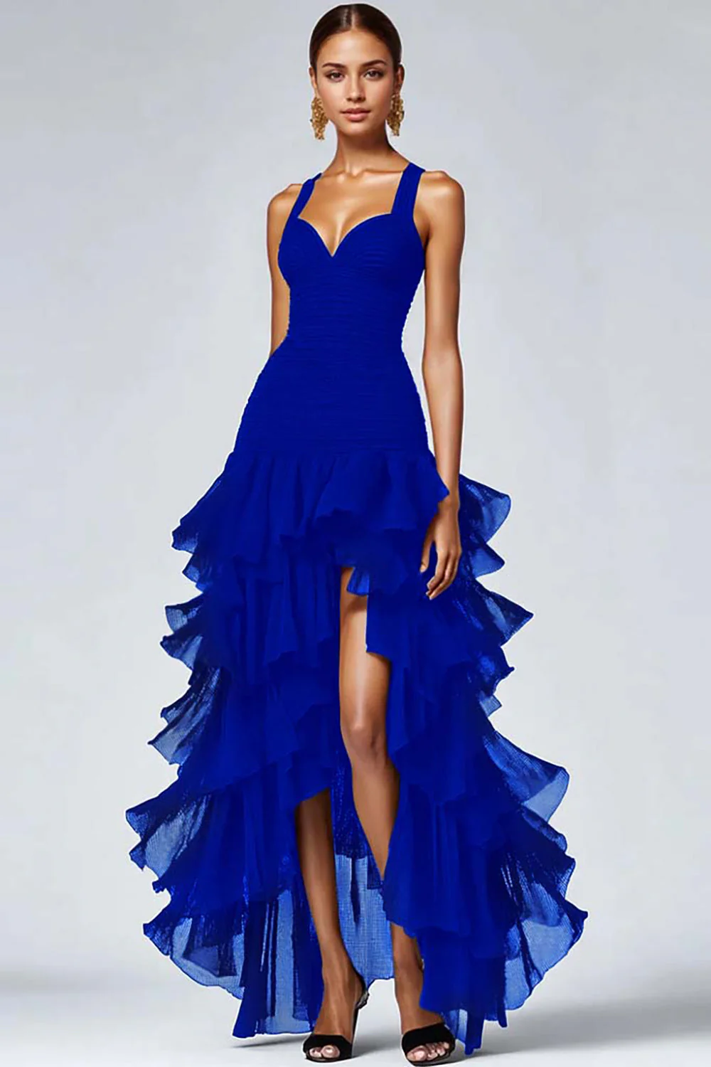 Robe formelle trapèze haut-bas en organza noir avec fente à volants - Image 12