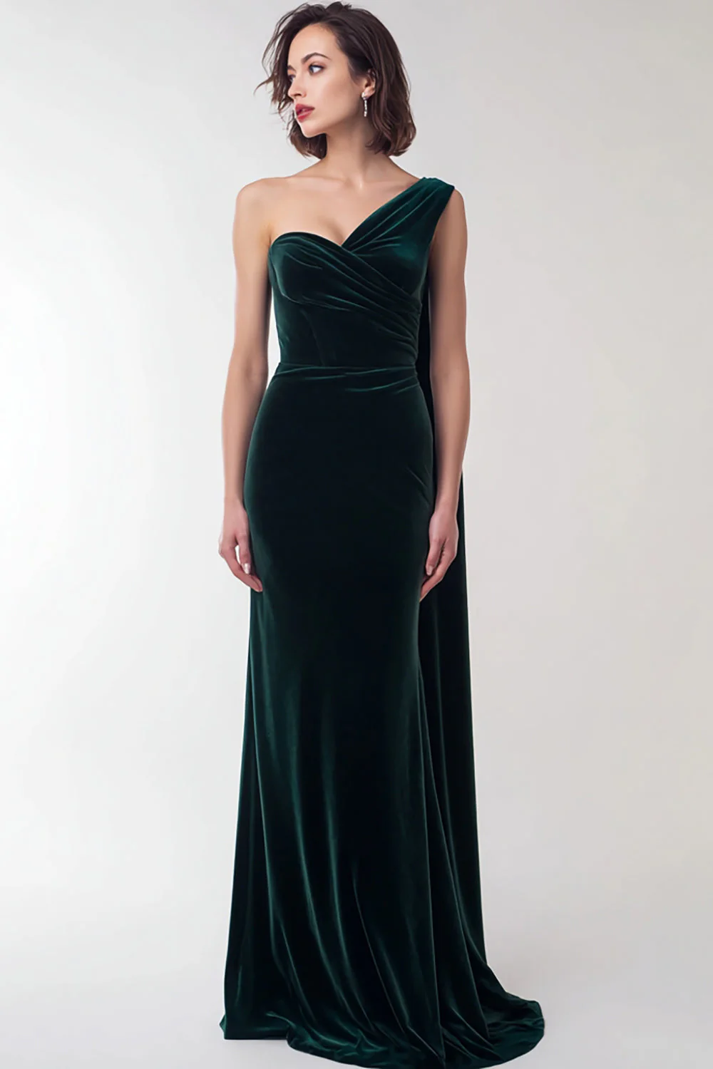 Robe formelle vert foncé à une épaule fourreau en velours