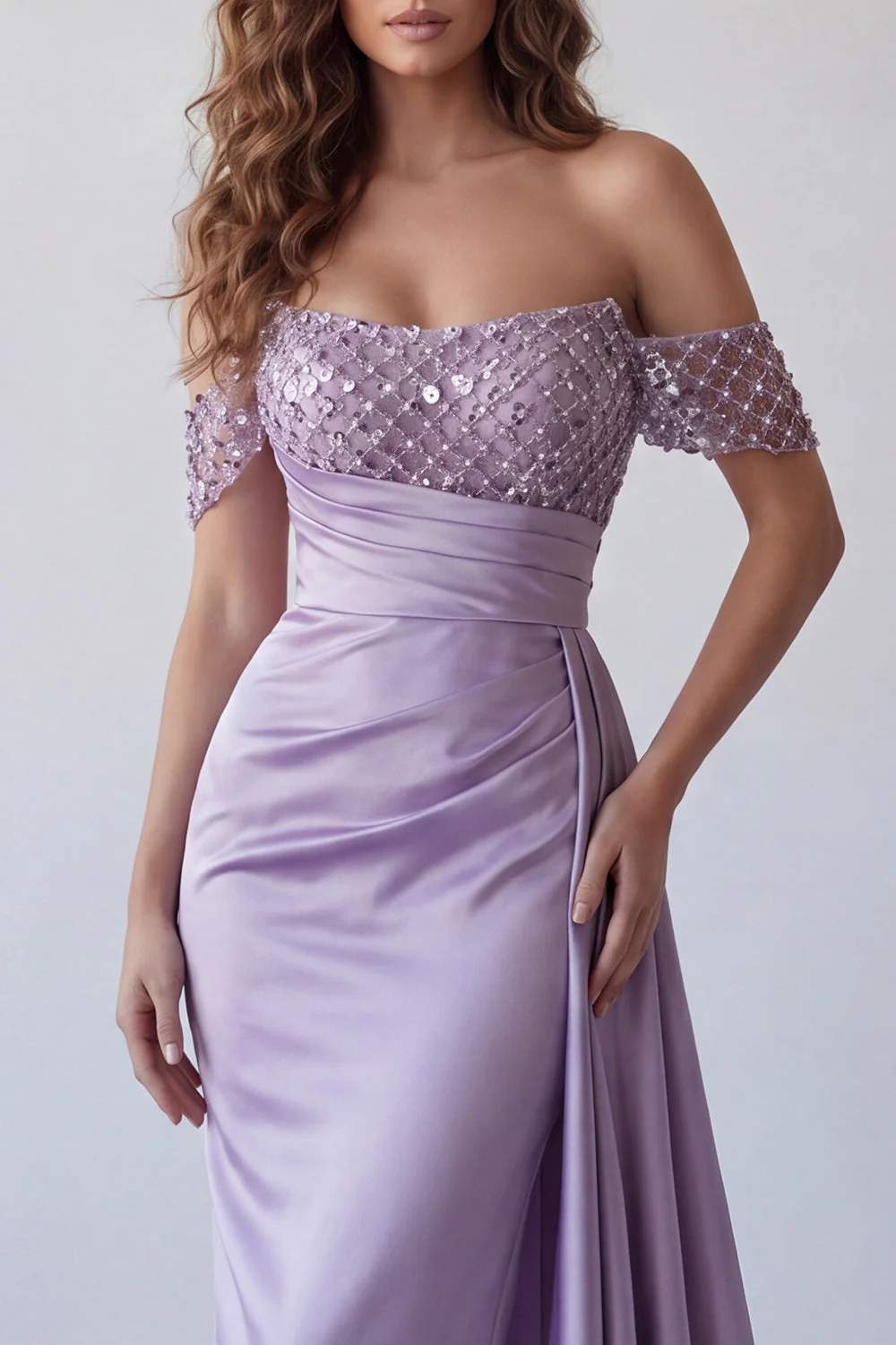 Robe formelle violette claire écartée à épaule scintillante avec serpentin - Image 3