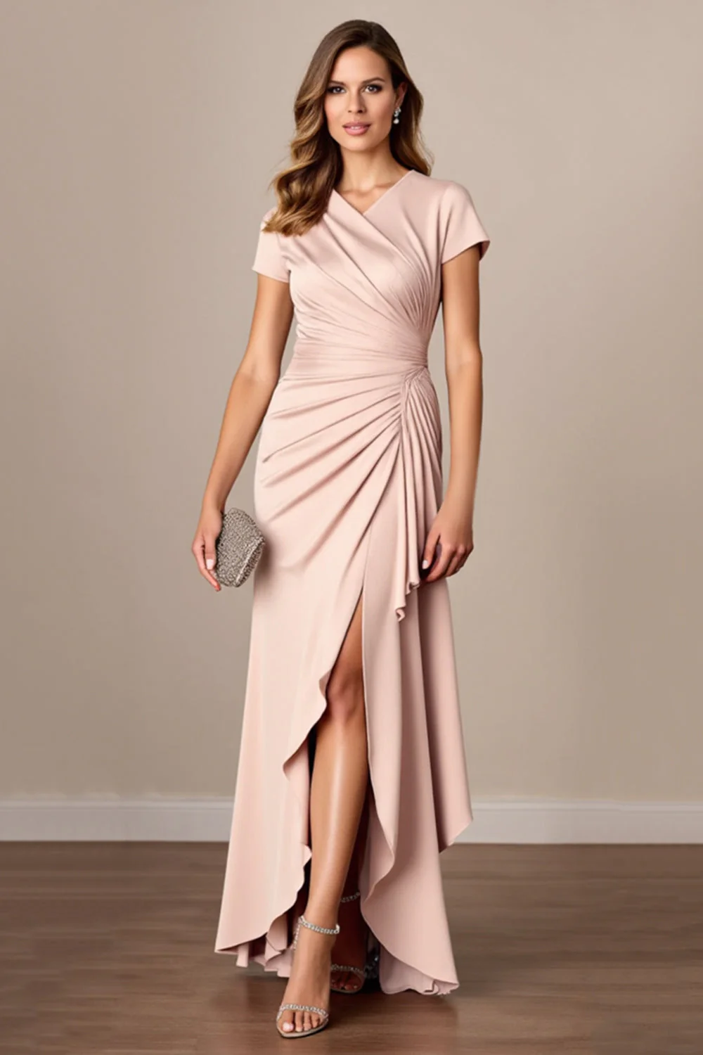 Robe fourreau en satin froncé abricot mère de la mariée avec fente