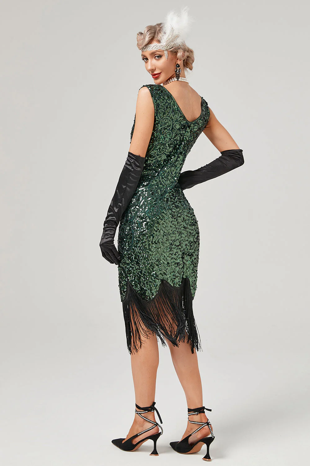 Robe Gatsby à col en V à paillettes vert foncé avec franges - Image 2
