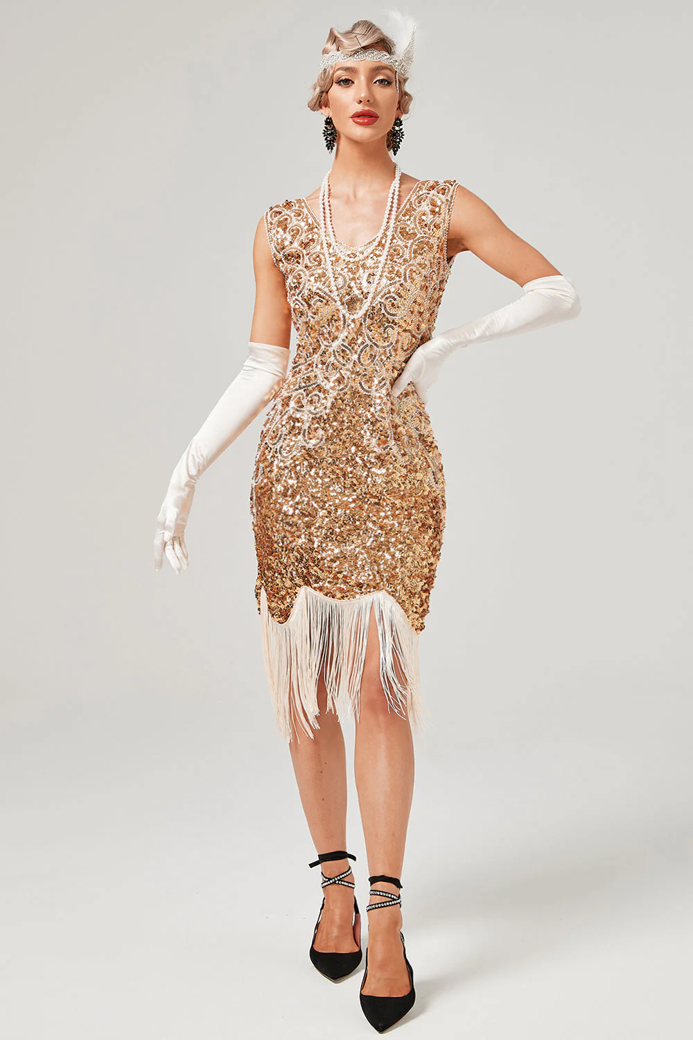 Robe Gatsby à col en V à paillettes vert foncé avec franges - Image 4