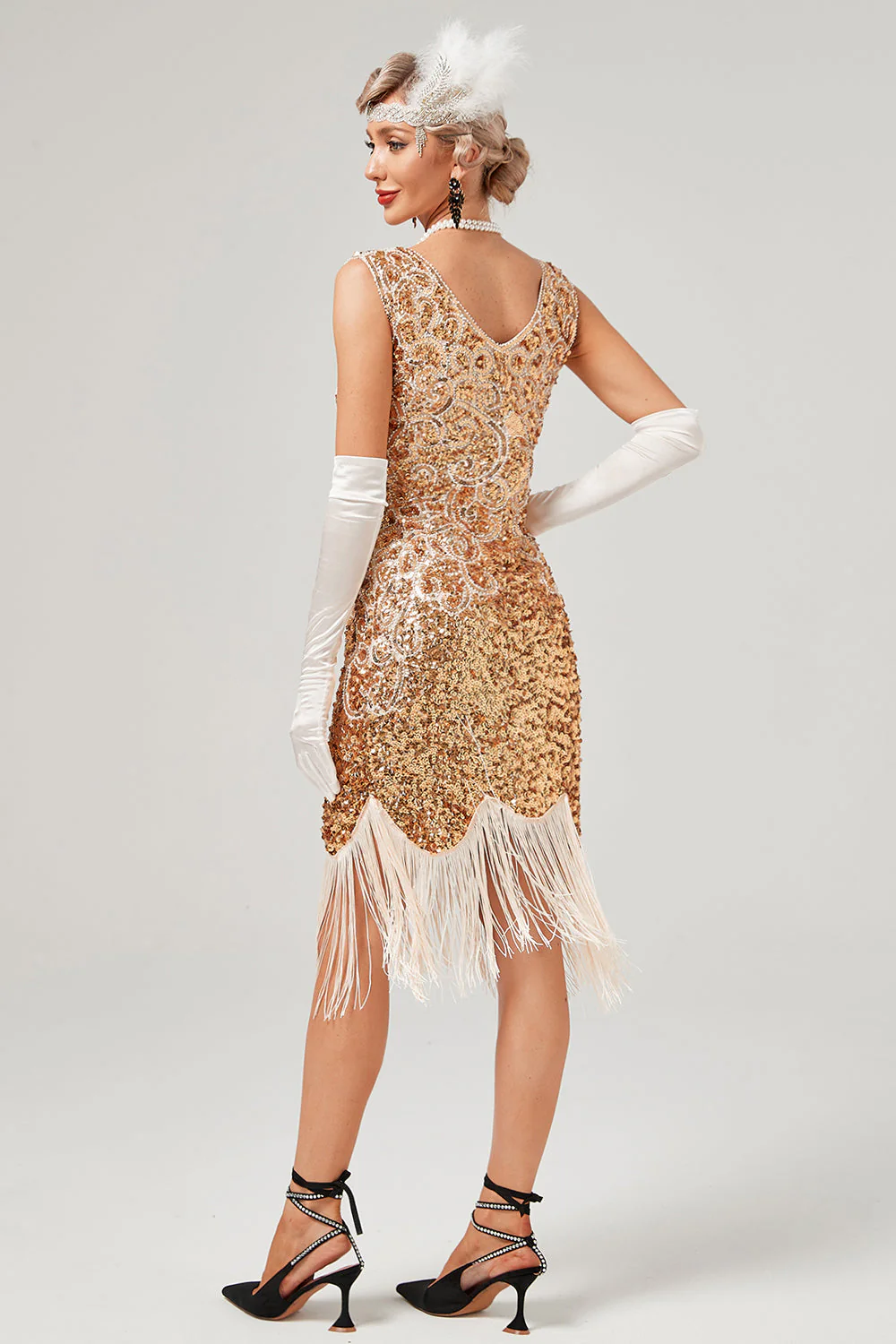 Robe Gatsby à col en V à paillettes vert foncé avec franges - Image 5