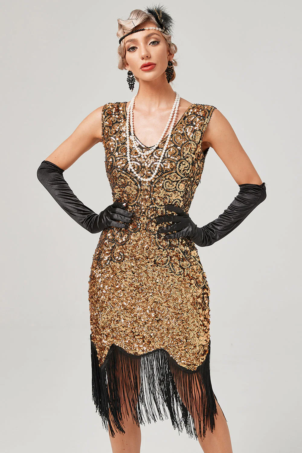Robe Gatsby à col en V à paillettes vert foncé avec franges - Image 8