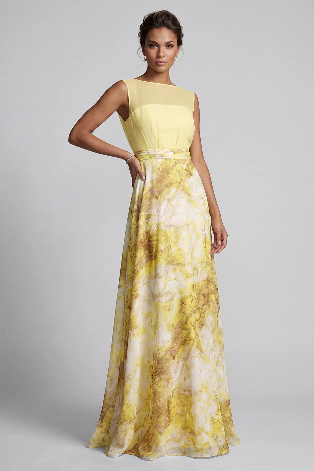 Robe jaune A Line, à col bateau, longue robe fleurie, de la mère de la mariée