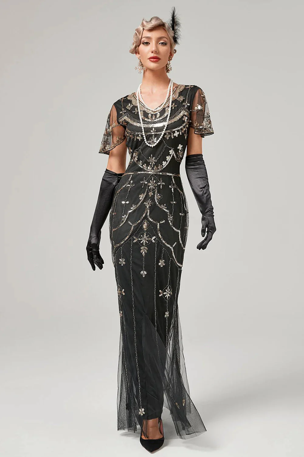 Robe longue à flancs perlés noir avec ensemble d’accessoires des années 20 - Image 2