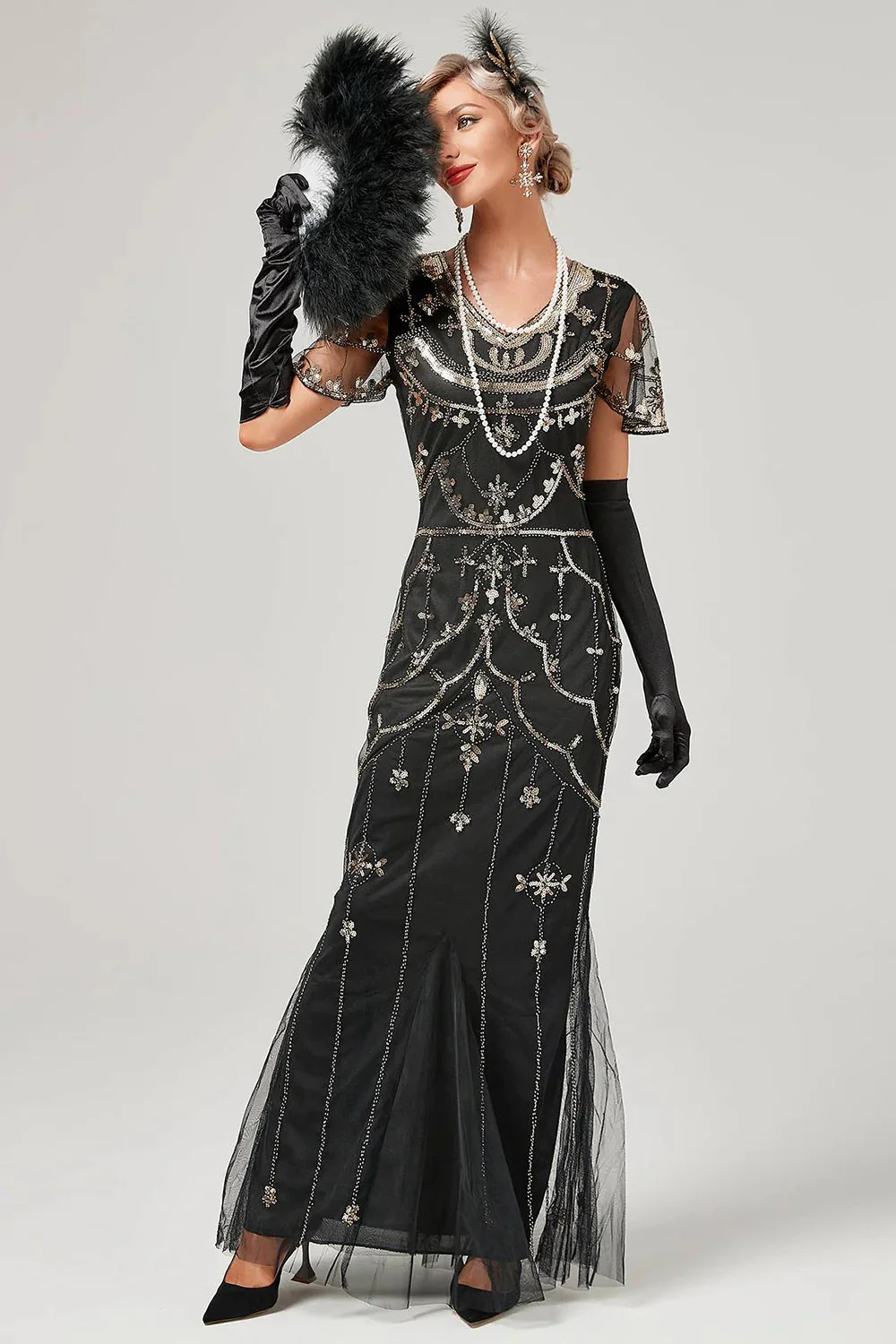 Robe longue à flancs perlés noir avec ensemble d’accessoires des années 20 - Image 4
