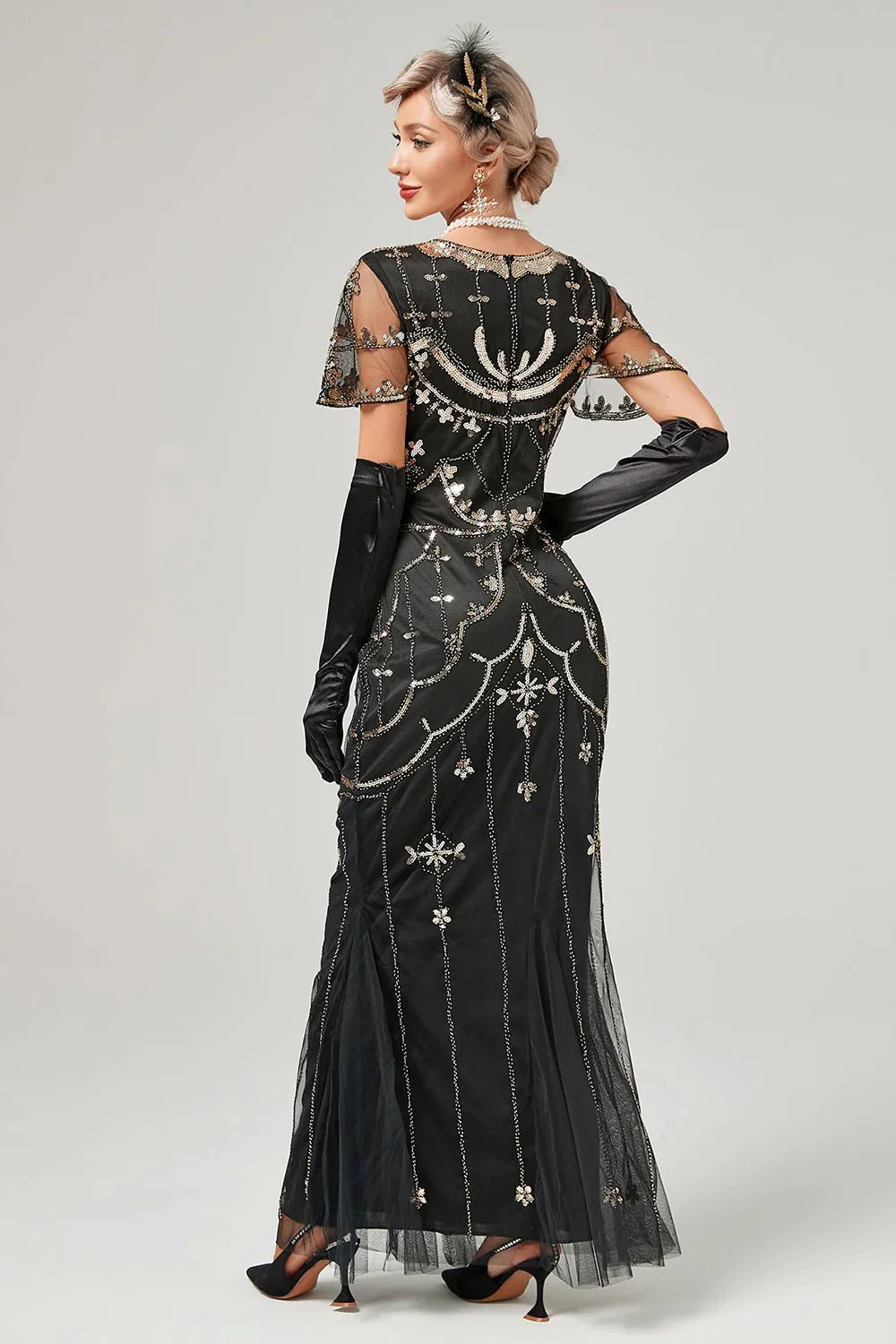 Robe longue à flancs perlés noir avec ensemble d’accessoires des années 20 - Image 5