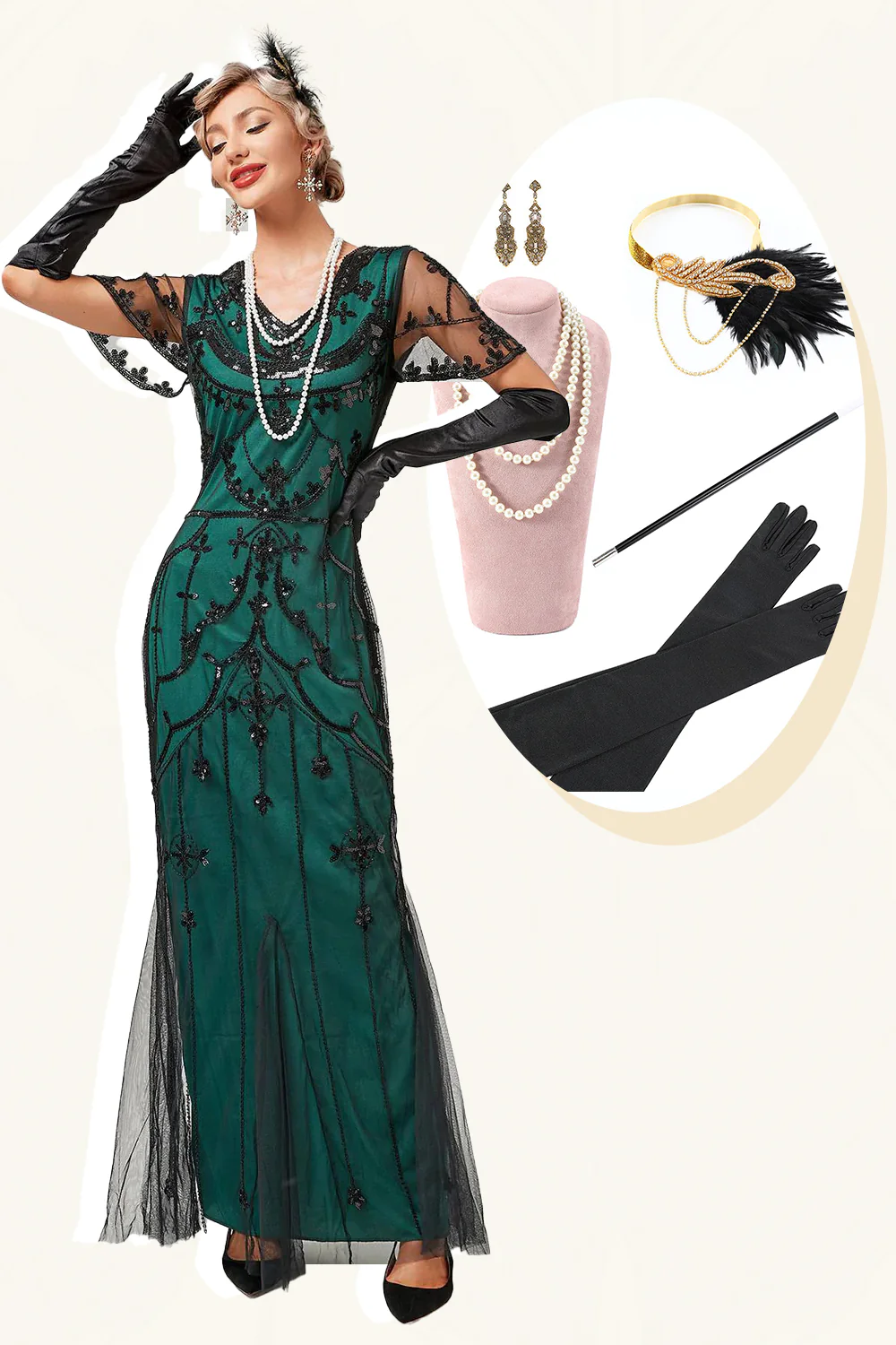 Robe longue à flancs perlés noir avec ensemble d’accessoires des années 20 - Image 6