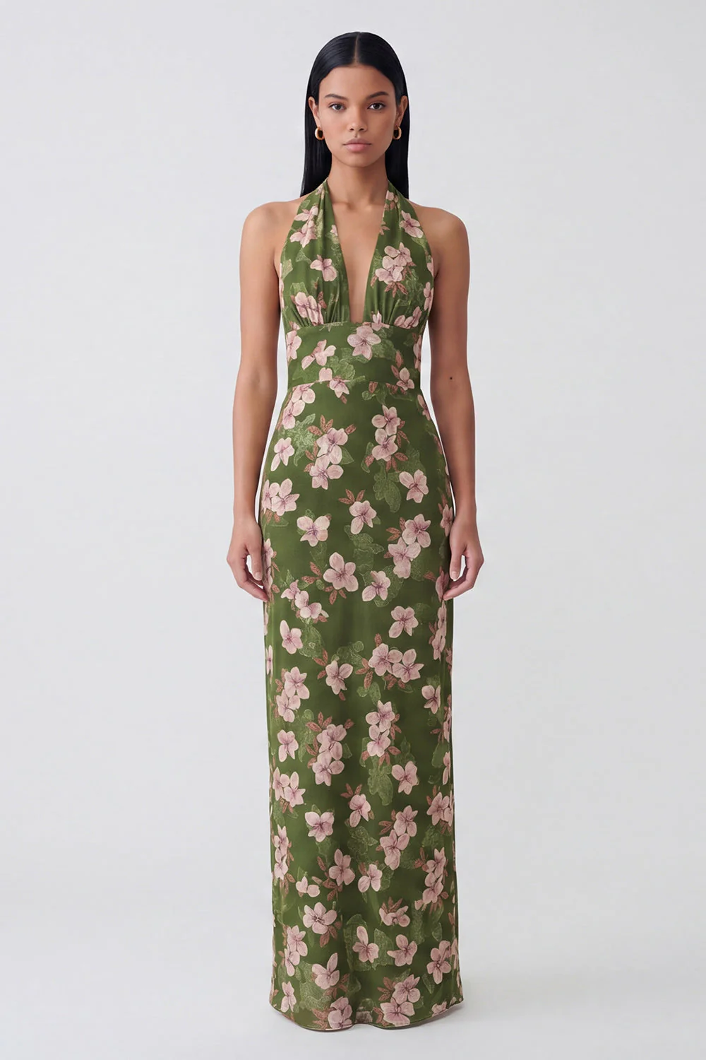 Robe longue à fleurs à fleurs à dos nu vert foncé
