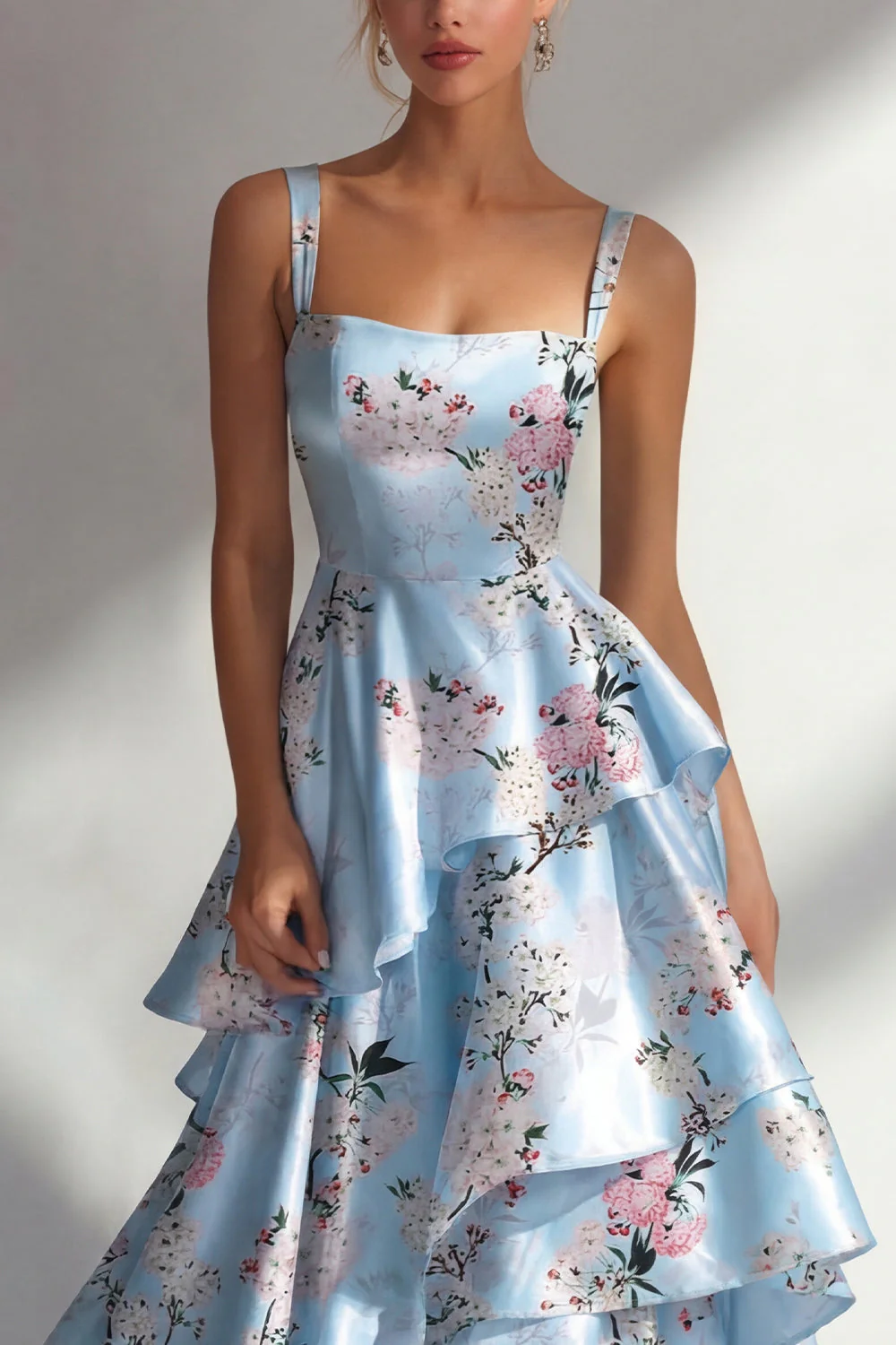 Robe longue à fleurs en satin à volants bleu A Line - Image 3